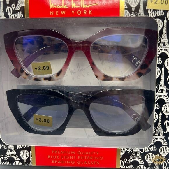 Nicole Miller Premium Blue Light Filtering Reading Glasses 2 Pairs + 2.00 - Picture 2 of 6